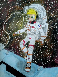 Size: 960x1280 | Tagged: safe, artist:metaldudepl666, part of a set, applejack, equestria girls, g4, astronaut, drawing, female, solo, space, spaceship, spacesuit, texas, traditional art, wrench