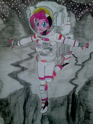 Size: 960x1280 | Tagged: safe, artist:metaldudepl666, part of a set, pinkie pie, equestria girls, g4, astronaut, astronaut pinkie, chasm, cracks, drawing, female, looking at you, poland, solo, space, spacesuit, traditional art
