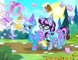 Size: 1200x927 | Tagged: safe, artist:pixelkitties, trixie, oc, oc:pixelkitties, butterfly, pony, unicorn, g4, alcohol, beer, birthday, clothes, fishnet stockings, food, glasses, hat, levitation, looking at you, magic, open mouth, pantyhose, party hat, present, raised hoof, shoes, skirt, sun, telekinesis