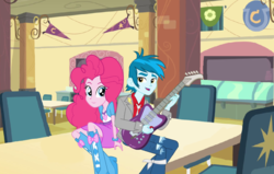Size: 1492x948 | Tagged: safe, pinkie pie, thunderbass, equestria girls, g4, background human, boots, bracelet, cafeteria, electric guitar, guitar, high heel boots, jewelry, musical instrument, pinkiebass, shipping