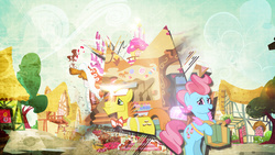 Size: 1920x1080 | Tagged: safe, artist:firestorm-can, artist:jeatz-axl, artist:templarhappy, artist:totalcrazyness101, edit, carrot cake, cup cake, g4, grunge, lens flare, lobby, plate, present, sugarcube corner, treats, vector, wallpaper, wallpaper edit