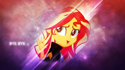 Size: 2560x1440 | Tagged: safe, artist:luckreza8, artist:shaakuras, sunset shimmer, equestria girls, g4, abstract background, looking over shoulder, text, vector, wallpaper, waving