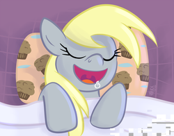 Size: 1200x941 | Tagged: safe, artist:1trick, derpy hooves, pegasus, pony, g4, 1trickpone's sleeping ponies, bed, error, eyes closed, female, food, glitch, mare, muffin, pillow, sleeping, solo