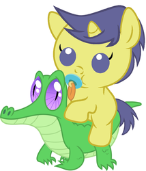 Size: 786x917 | Tagged: safe, artist:red4567, comet tail, gummy, pony, g4, baby, baby pony, cute, pacifier, ponies riding gators, recolor, riding, weapons-grade cute