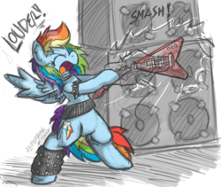 Size: 1200x1011 | Tagged: safe, artist:flutterthrash, rainbow dash, pegasus, pony, g4, amplifier, bipedal, electric guitar, female, flying v, guitar, heavy metal, leg warmers, metal as fuck, musical instrument, request, solo