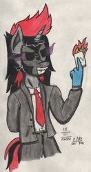 Size: 650x1227 | Tagged: safe, artist:mane-shaker, king sombra, oc, oc:mane shaker, anthro, g4, card, clothes, colored, crossover, mask, necktie, payday, payday 2, solo, suit, traditional art