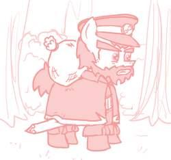 Size: 640x600 | Tagged: safe, artist:ficficponyfic, oc, oc only, pony, colt quest, adult, arrow, bag, beard, boots, bush, clothes, demon hunter, emblem, forest, hat, male, overcoat, sack, stallion, story included, sword, tree, weapon, wood