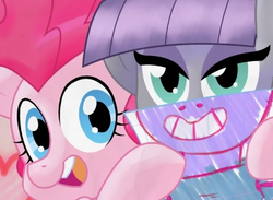 Size: 460x337 | Tagged: safe, maud pie, pinkie pie, earth pony, pony, g4, female, looking at you, mare, open mouth, smiling, spike-replies
