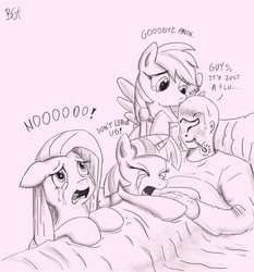 Size: 1500x1611 | Tagged: safe, artist:bgf, pinkie pie, rainbow dash, twilight sparkle, oc, oc:anon, alicorn, human, pony, g4, anon in equestria, anonymous, backwards thermometer, bed, big no, crying, dialogue, eyes closed, floppy ears, funny, kissing, open mouth, overreaction, pinkamena diane pie, sad, screaming, sick, sweat, thermometer, twilight sparkle (alicorn)