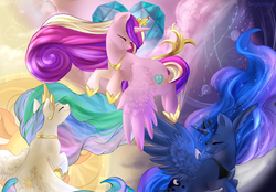 Size: 4300x3000 | Tagged: safe, artist:segraece, princess cadance, princess celestia, princess luna, g4, eyes closed, flying, redraw, smiling, spread wings