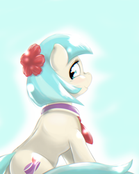 Size: 800x1000 | Tagged: dead source, safe, artist:ushiro no kukan, coco pommel, earth pony, pony, g4, female, looking back, sitting, solo