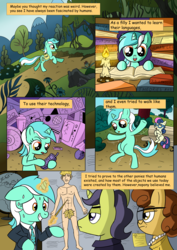 Size: 2480x3508 | Tagged: safe, artist:theponypretender, bon bon, lyra heartstrings, sweetie drops, human, pony, unicorn, comic:a lyrabon adventure, g4, adorabon, amused, ancient aliens, bipedal, bon bon is amused, book, candle, comic, cute, everfree forest, female, filly, forest, glasses, high res, humie, mare, misspelling, strategically covered, twisted bon bon, yay