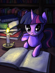 Size: 960x1280 | Tagged: safe, artist:inowiseei, twilight sparkle, pony, unicorn, g4, book, candle, cute, eye shimmer, female, fire, horn, looking at you, lying down, mare, prone, reading, solo, twiabetes, unicorn twilight