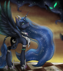 Size: 1600x1800 | Tagged: safe, artist:cross-the-swirl, princess luna, classical unicorn, g4, female, horn, jewelry, leonine tail, solo, spread wings