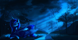 Size: 1280x670 | Tagged: safe, artist:auroriia, princess luna, pony, g4, female, forest, night, prone, river, solo, stream