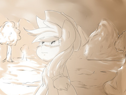 Size: 1600x1200 | Tagged: safe, artist:amazingpuffhair, applejack, g4, female, monochrome, sitting, solo, tree