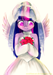 Size: 2893x4092 | Tagged: safe, artist:monochromacat, part of a set, twilight sparkle, semi-anthro, g4, arm hooves, blushing, clothes, dress, female, monochromacat's wedding series, part of a series, solo, spread wings, twilight sparkle (alicorn), wedding dress