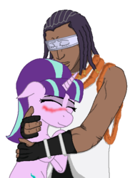 Size: 429x589 | Tagged: safe, artist:unbiased philosopher, starlight glimmer, g4, bleach (manga), blushing, crack shipping, crossover, crossover shipping, eyes closed, female, hug, male, shipping, simple background, smiling, straight, tousen kaname, transparent background, wat, why