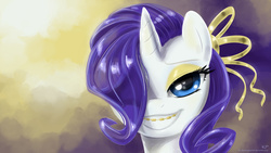 Size: 1920x1080 | Tagged: safe, artist:kp-shadowsquirrel, rarity, pony, unicorn, g4, bedroom eyes, braces, eyeshadow, female, hair bow, looking at you, makeup, smiling, solo, teenager, wallpaper, younger
