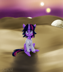Size: 2100x2400 | Tagged: safe, artist:silbersternenlicht, twilight sparkle, g4, binary sunset, clothes, crossover, female, high res, looking up, luke skywalker, messy mane, sitting, solo, star wars, tatooine, two suns