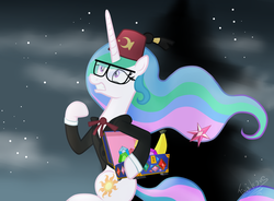 Size: 1900x1400 | Tagged: safe, artist:tina-de-love, princess celestia, alicorn, pony, g4, banana, bipedal, chest, clothes, crossover, elements of harmony, female, fez, food, glasses, gravity falls, grunkle stan, hat, male, mare, night, parody, running, solo, stanley pines