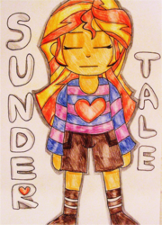 Size: 937x1299 | Tagged: safe, artist:blazingdazzlingdusk, derpibooru exclusive, sunset shimmer, equestria girls, g4, clothes, cosplay, costume, crossover, drawing, female, frisk, solo, traditional art, undertale