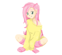 Size: 7963x7017 | Tagged: safe, artist:pokeponyaquabubbles, fluttershy, human, g4, absurd resolution, clothes, female, humanized, looking at you, off shoulder, sitting, socks, solo, sweater, sweatershy