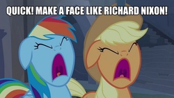 Size: 889x500 | Tagged: safe, edit, edited screencap, screencap, applejack, rainbow dash, earth pony, pegasus, pony, castle mane-ia, g4, caption, female, image macro, mare, meme, richard nixon, screaming, text