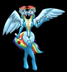 Size: 1999x2135 | Tagged: safe, artist:vladiverse, rainbow dash, anthro, unguligrade anthro, g4, black background, clothes, conjoined, conjoined twins, leotard, multiple heads, simple background, socks, thigh highs, two heads, what has magic done, wonderbolts uniform