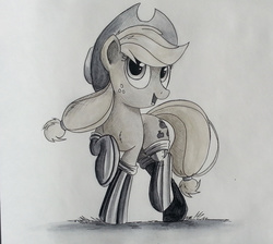 Size: 750x671 | Tagged: safe, artist:ncmares, applejack, g4, boots, female, fireproof boots, grayscale, monochrome, open mouth, raised hoof, solo, traditional art