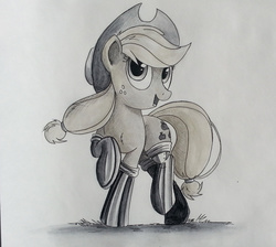 Size: 750x671 | Tagged: safe, artist:ncmares, applejack, pony, g4, boots, female, fireproof boots, grayscale, monochrome, open mouth, raised hoof, solo, traditional art