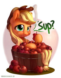 Size: 1100x1400 | Tagged: safe, artist:bobdude0, applejack, earth pony, pony, g4, apple, aweeg*, dialogue, eating, female, food, freckles, mare, solo, sup, that pony sure does love apples, tub