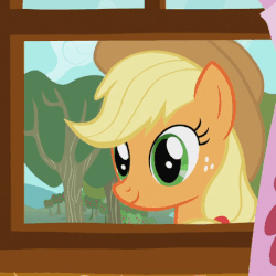 Size: 439x439 | Tagged: safe, screencap, applejack, earth pony, pony, g4, the show stoppers, animated, applejack's hat, blinking, cowboy hat, cringing, cute, female, floppy ears, gritted teeth, hat, jackabetes, mare, smiling