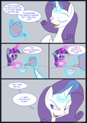 Size: 850x1200 | Tagged: safe, artist:kanashiipanda, rarity, twilight sparkle, alicorn, pony, unicorn, comic:royal taste test, g4, comic, dialogue, explicit source, female, glowing horn, horn, lesbian, magic, mare, ship:rarilight, shipping, telekinesis, twilight sparkle (alicorn)