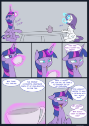 Size: 850x1200 | Tagged: safe, artist:kanashiipanda, rarity, twilight sparkle, alicorn, pony, unicorn, comic:royal taste test, g4, comic, dialogue, drugged, explicit source, female, glowing horn, horn, lesbian, magic, mare, mind control, ship:rarilight, telekinesis, twilight sparkle (alicorn)