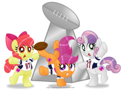 Size: 1024x768 | Tagged: safe, artist:aleximusprime, apple bloom, scootaloo, sweetie belle, earth pony, pegasus, pony, unicorn, g4, american football, bipedal, cutie mark, cutie mark crusaders, female, lombardi trophy, new england patriots, nfl, nfl playoffs, patriots, rob gronkowski, simple background, super bowl, super bowl champions, super bowl xlix, super bowl xlix champions, the cmc's cutie marks, transparent background, trio, trio female