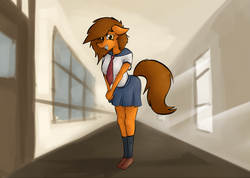 Size: 2371x1687 | Tagged: safe, artist:marsminer, oc, oc only, oc:venus spring, anthro, clothes, cute, looking at you, schoolgirl, skirt, smiling, solo, venus spring actually having a pretty good time