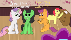 Size: 1280x720 | Tagged: safe, artist:zlight, apple bloom, scootaloo, sweetie belle, oc, oc:anon, oc:filly anon, earth pony, pegasus, pony, unicorn, g4, cutie mark crusaders, female, filly