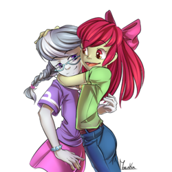 Size: 800x800 | Tagged: safe, artist:moenkin, apple bloom, silver spoon, equestria girls, g4, adorabloom, cute, duo, duo female, female, hand on head, hug, silverbetes, simple background, transparent background