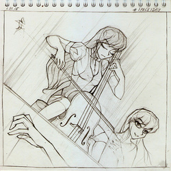 Size: 600x601 | Tagged: safe, artist:larest, octavia melody, equestria girls, g4, cello, duo, eyes closed, musical instrument, pencil drawing, playing, sketch, traditional art