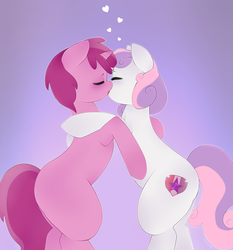 Size: 2000x2148 | Tagged: safe, artist:oouichi, ruby pinch, sweetie belle, pony, unicorn, g4, cutie mark, eyes closed, female, filly, foal, french kiss, heart, high res, kissing, lesbian, making out, mare on filly, ship:sweetiepinch, shipping, tail, the cmc's cutie marks