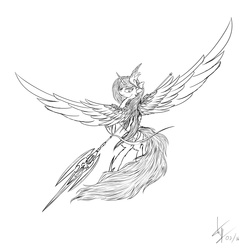 Size: 5000x5000 | Tagged: safe, artist:skitsroom, princess celestia, g4, absurd resolution, female, fluffy, monochrome, solo, spear, spread wings, weapon