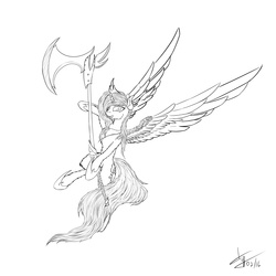 Size: 5000x5000 | Tagged: safe, artist:skitsroom, princess luna, g4, absurd resolution, axe, female, fluffy, monochrome, solo, spread wings