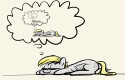 Size: 3000x1921 | Tagged: safe, artist:plotcore, derpy hooves, pegasus, pony, g4, dream, droste effect, eyes closed, female, inception, mare, prone, recursion, simple background, sleeping, smiling, solo, thought bubble