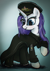 Size: 3000x4266 | Tagged: safe, artist:plotcore, rarity, pony, unicorn, g4, alternate hairstyle, clothes, female, gradient background, mare, raised hoof, solo, uniform