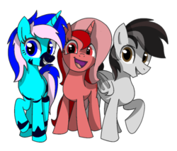 Size: 400x340 | Tagged: safe, oc, oc only, oc:ruby script, oc:teensy, oc:thunder wave, pony, unicorn, vampony, smiling, trio