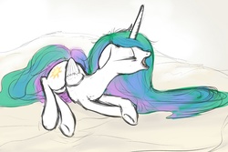 Size: 1111x740 | Tagged: safe, artist:plotcore, princess celestia, g4, bed, female, lying down, sleepy, solo, yawn