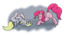 Size: 3739x2000 | Tagged: safe, artist:corsairsedge, derpy hooves, pinkie pie, pegasus, pony, g4, female, high res, mare, on back, tongue out