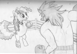 Size: 1123x794 | Tagged: artist needed, safe, cheerilee, human, pony, g4, 80s, 80s cheerilee, artifact, bipedal, boxing gloves, boxing ring, braces, hilarious in hindsight, leg warmers, pencil drawing, this will end in tears and/or death, traditional art