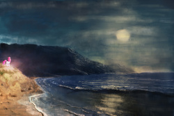 Size: 2000x1333 | Tagged: safe, artist:plotcore, pinkie pie, g4, beach, female, moon, night, painting style, scenery, solo